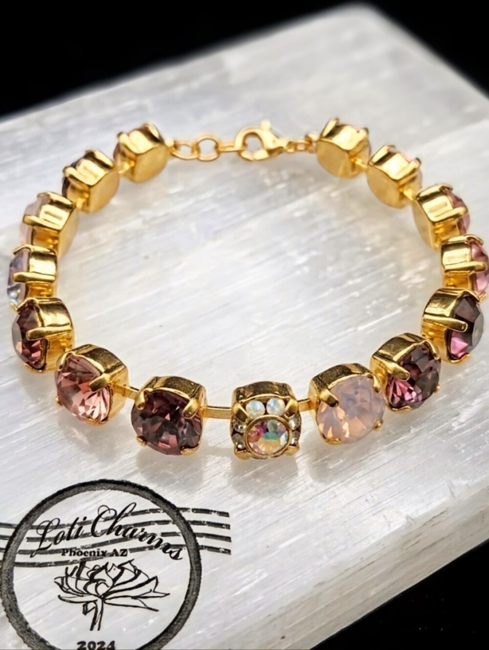 Pink And Pink Flower Crystals In Classic Tennis Gold Plated Bracelet